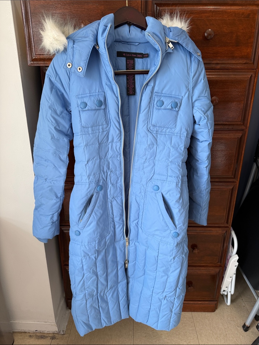 Long Light Blue Women's Quilted Hooded Coat